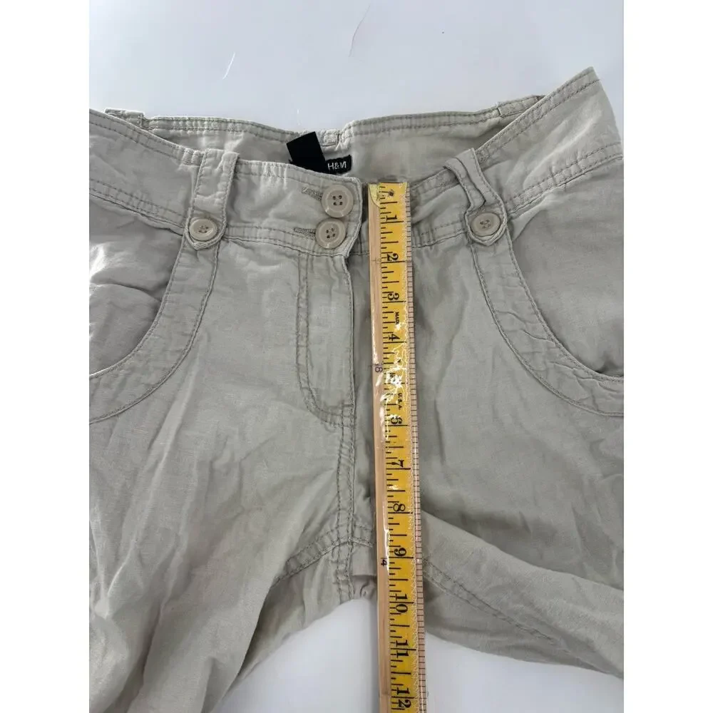 H&M Pants Womens 6 Beige Linen Cotton Pockets Straight Leg Comfort Mid Rise